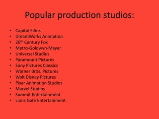 Popular production studios:
•
•
•
•
•
•
•
•
•
•
•
•
•

Capitol Films
DreamWorks Animation
20th Century Fox
Metro-Goldwyn-Mayer
Universal Studios
Paramount Pictures
Sony Pictures Classics
Warner Bros. Pictures
Walt Disney Pictures
Pixar Animation Studios
Marvel Studios
Summit Entertainment
Lions Gate Entertainment

 