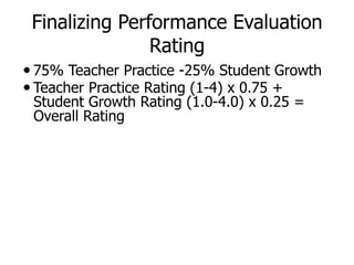 Finalizing Performance Evaluation
Rating	
  
— 75% Teacher Practice -25% Student Growth
— Teacher Practice Rating (1-4) x 0.75 +
Student Growth Rating (1.0-4.0) x 0.25 =
Overall Rating

 