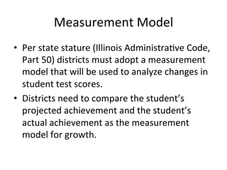 Measurement	
  Model	
  
•  Per	
  state	
  stature	
  (Illinois	
  Administra;ve	
  Code,	
  
Part	
  50)	
  districts	
  must	
  adopt	
  a	
  measurement	
  
model	
  that	
  will	
  be	
  used	
  to	
  analyze	
  changes	
  in	
  
student	
  test	
  scores.	
  
•  Districts	
  need	
  to	
  compare	
  the	
  student’s	
  
projected	
  achievement	
  and	
  the	
  student’s	
  
actual	
  achievement	
  as	
  the	
  measurement	
  
model	
  for	
  growth.	
  

 