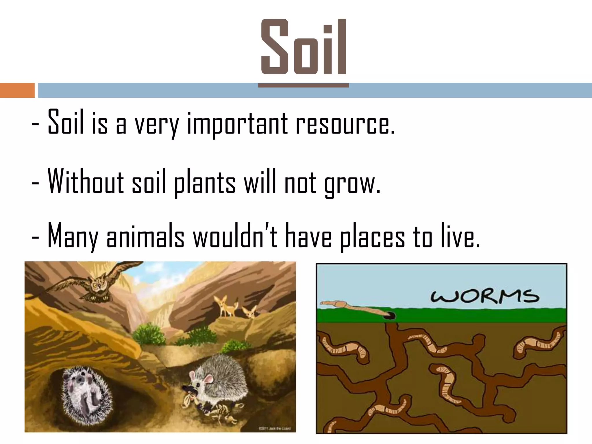 Soil
- Soil is a very important resource.
- Without soil plants will not grow.
- Many animals wouldn’t have places to live.