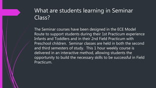 What are students learning in Seminar
Class?
The Seminar courses have been designed in the ECE Model
Route to support students during their 1st Practicum experience
Infants and Toddlers and in their 2nd Field Practicum with
Preschool children. Seminar classes are held in both the second
and third semesters of study. This 1 hour weekly course is
delivered in an interactive method, allowing students the
opportunity to build the necessary skills to be successful in Field
Practicum.