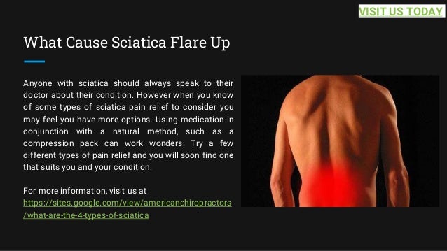 What Cause Sciatica Flare Up
Anyone with sciatica should always speak to their
doctor about their condition. However when you know
of some types of sciatica pain relief to consider you
may feel you have more options. Using medication in
conjunction with a natural method, such as a
compression pack can work wonders. Try a few
different types of pain relief and you will soon find one
that suits you and your condition.
For more information, visit us at
https://sites.google.com/view/americanchiropractors
/what-are-the-4-types-of-sciatica
VISIT US TODAY
 