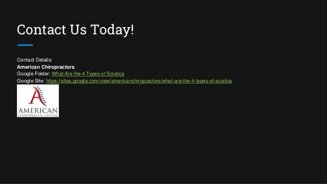 Contact Us Today!
Contact Details:
American Chiropractors
Google Folder: What Are the 4 Types of Sciatica
Google Site: https://sites.google.com/view/americanchiropractors/what-are-the-4-types-of-sciatica
 
