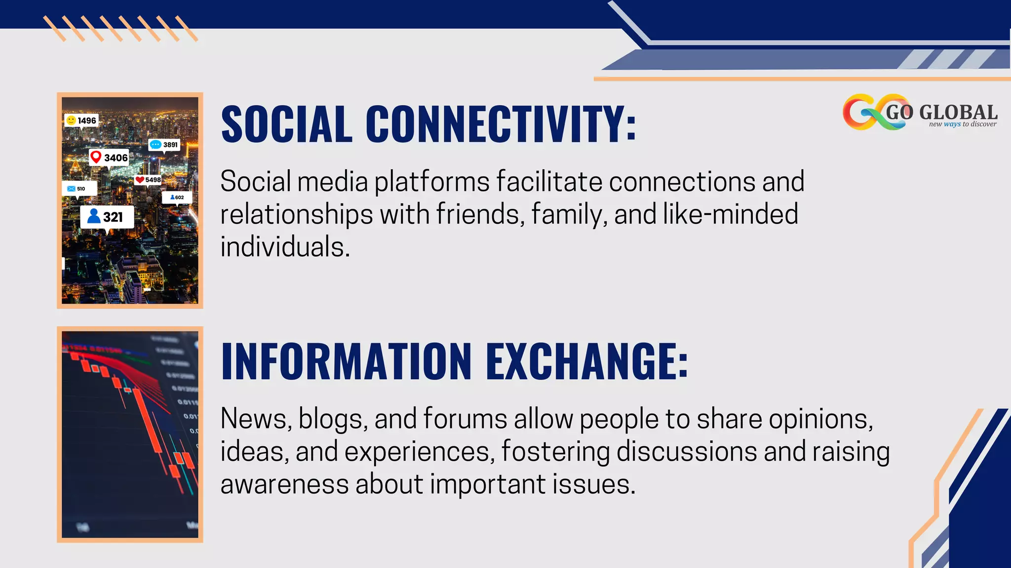 SOCIAL CONNECTIVITY:
Social media platforms facilitate connections and
relationships with friends, family, and like-minded
individuals.
INFORMATION EXCHANGE:
News, blogs, and forums allow people to share opinions,
ideas, and experiences, fostering discussions and raising
awareness about important issues.
 