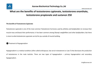Aasraw Biochemical Technology Co.,ltd
www.aasraw.com
king@aasraw.com
What are the benefits of testosterone cypionate, testosterone enanthate,
testosterone propionate and sustanon 250
The benefits of Testosterone Cypionate
Testosterone cypionate is one of the most common Testosterone hormones used by athletes and bodybuilders to increase their
muscle mass and boost their performance. It has been common among Olympic weightlifters and other bodybuilders. But there
is more to what testosterone cypionate can do for you outside of muscle building.
❶ Treatment of Hypogonadism
Hypogonadism is a medical condition (often called andropause, low serum testosterone or Low T) that decreases the production
of testosterone in the male testicles. There are two types of hypogonadism – primary hypogonadism and secondary
hypogonadism.
 