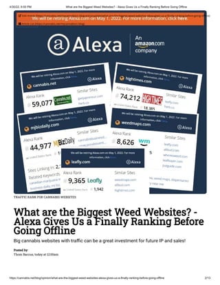 4/30/22, 6:00 PM What are the Biggest Weed Websites? - Alexa Gives Us a Finally Ranking Before Going Offline
https://cannabis.net/blog/opinion/what-are-the-biggest-weed-websites-alexa-gives-us-a-finally-ranking-before-going-offline 2/13
TRAFFIC RANK FOR CANNABIS WEBSITES
What are the Biggest Weed Websites? -
Alexa Gives Us a Finally Ranking Before
Going Offline
Big cannabis websites with traffic can be a great investment for future IP and sales!
Posted by:

Thom Baccus, today at 12:00am
 Edit Article (https://cannabis.net/mycannabis/c-blog-entry/update/what-are-the-biggest-weed-websites-alexa-gives-us-a-finally-ranking-before-going-offline)
 Article List (https://cannabis.net/mycannabis/c-blog)
 