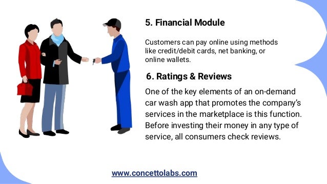 5. Financial Module
Customers can pay online using methods
like credit/debit cards, net banking, or
online wallets.
6. Ratings & Reviews
One of the key elements of an on-demand
car wash app that promotes the company’s
services in the marketplace is this function.
Before investing their money in any type of
service, all consumers check reviews.
www.concettolabs.com
 