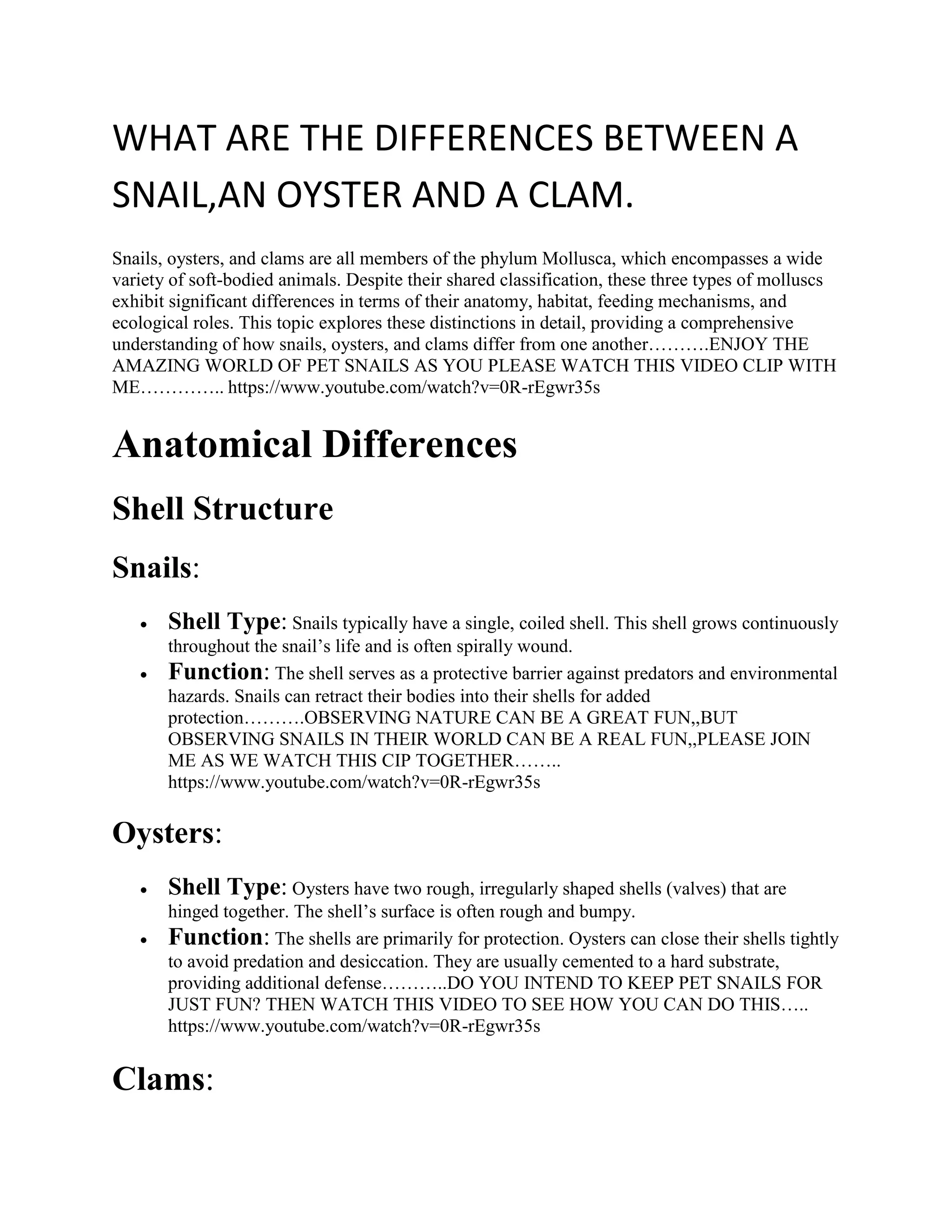 WHAT ARE THE DIFFERENCES BETWEEN A SNAIL, AN OYSTER AND A CLAM..docx ...
