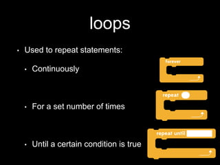 loops
• Used to repeat statements:
• Continuously
• For a set number of times
• Until a certain condition is true
 