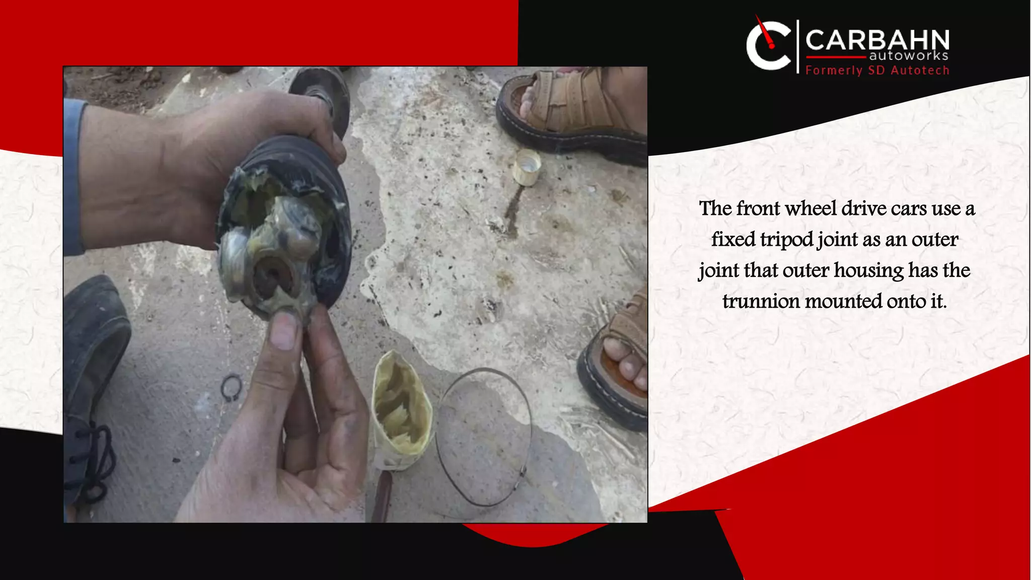 The front wheel drive cars use a
fixed tripod joint as an outer
joint that outer housing has the
trunnion mounted onto it.
 