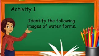 Activity 1
Identify the following
images of water forms.
 