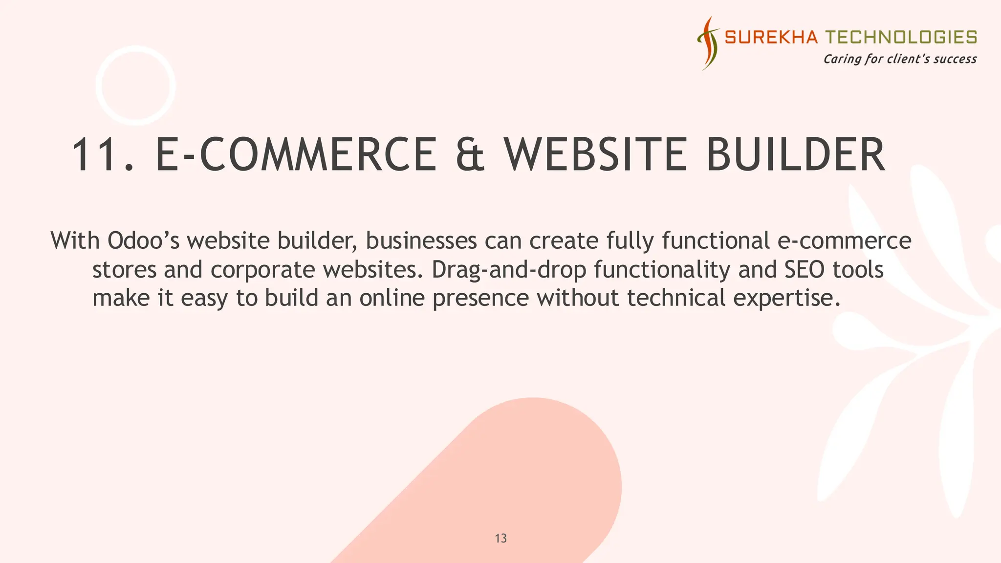 11. E-COMMERCE & WEBSITE BUILDER
With Odoo’s website builder, businesses can create fully functional e-commerce
stores and corporate websites. Drag-and-drop functionality and SEO tools
make it easy to build an online presence without technical expertise.
13
 