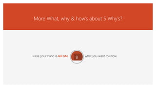More What, why & how’s about 5 Why’s?
Raise your hand &Tell Me what you want to know.
 