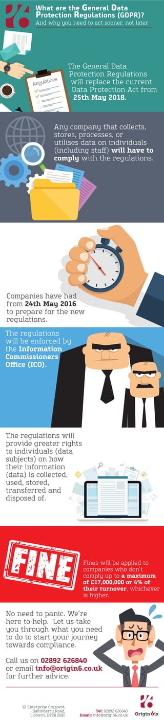 What are the General Data
Protection Regulations (GDPR)?
The General Data
Protection Regulations
will replace the current
Data Protection Act from
25th May 2018.
Companies have had
from 24th May 2016
to prepare for the new
regulations.
The regulations
will be enforced by
the Information
Commissioners
Office (ICO).
Any company that collects,
stores, processes, or
utilises data on individuals
(including staff) will have to
comply with the regulations.
The regulations will
provide greater rights
to individuals (data
subjects) on how
their information
(data) is collected,
used, stored,
transferred and
disposed of.
Fines will be applied to
companies who don’t
comply up to a maximum
of £17,000,000 or 4% of
their turnover, whichever
is higher.
12 Enterprise Crescent,
Ballinderry Road,
Lisburn, BT28 2BH
Tel: 02892 626840
Email: info@origin6.co.uk
No need to panic. We’re
here to help. Let us take
you through what you need
to do to start your journey
towards compliance.
Call us on 02892 626840
or email info@origin6.co.uk
for further advice.
And why you need to act sooner, not later
 