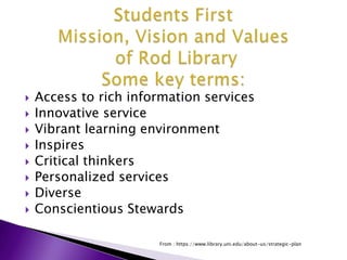 Students FirstMission, Vision and Values of Rod LibrarySome key terms:Access to rich information servicesInnovative serviceVibrant learning environmentInspiresCritical thinkersPersonalized servicesDiverse Conscientious StewardsFrom : https://www.library.uni.edu/about-us/strategic-plan