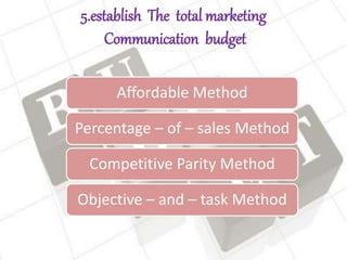 5.establish The total marketing
Communication budget
Affordable Method
Percentage – of – sales Method
Competitive Parity Method
Objective – and – task Method
 