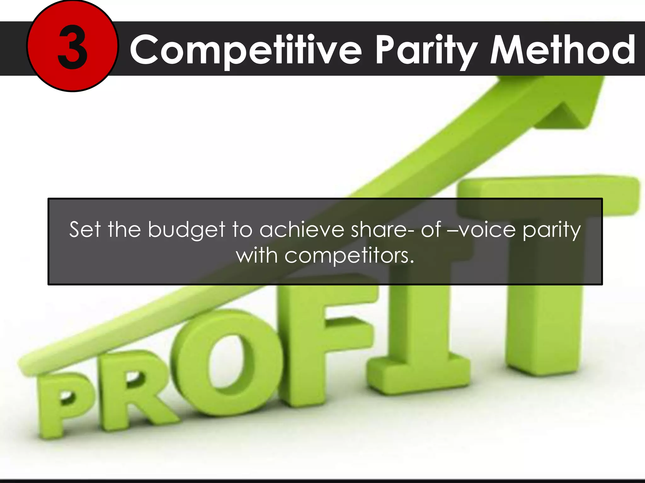 Competitive Parity Method3
Set the budget to achieve share- of –voice parity
with competitors.
 