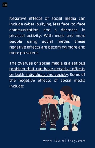 Negative effects of social media can
include cyber-bullying, less face-to-face
communication, and a decrease in
physical a...