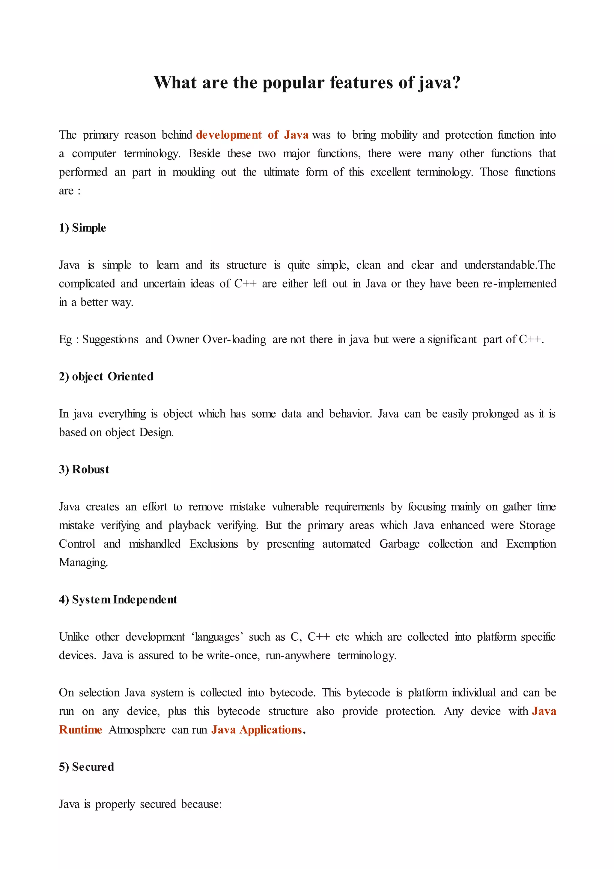 What are the popular features of java? | DOCX