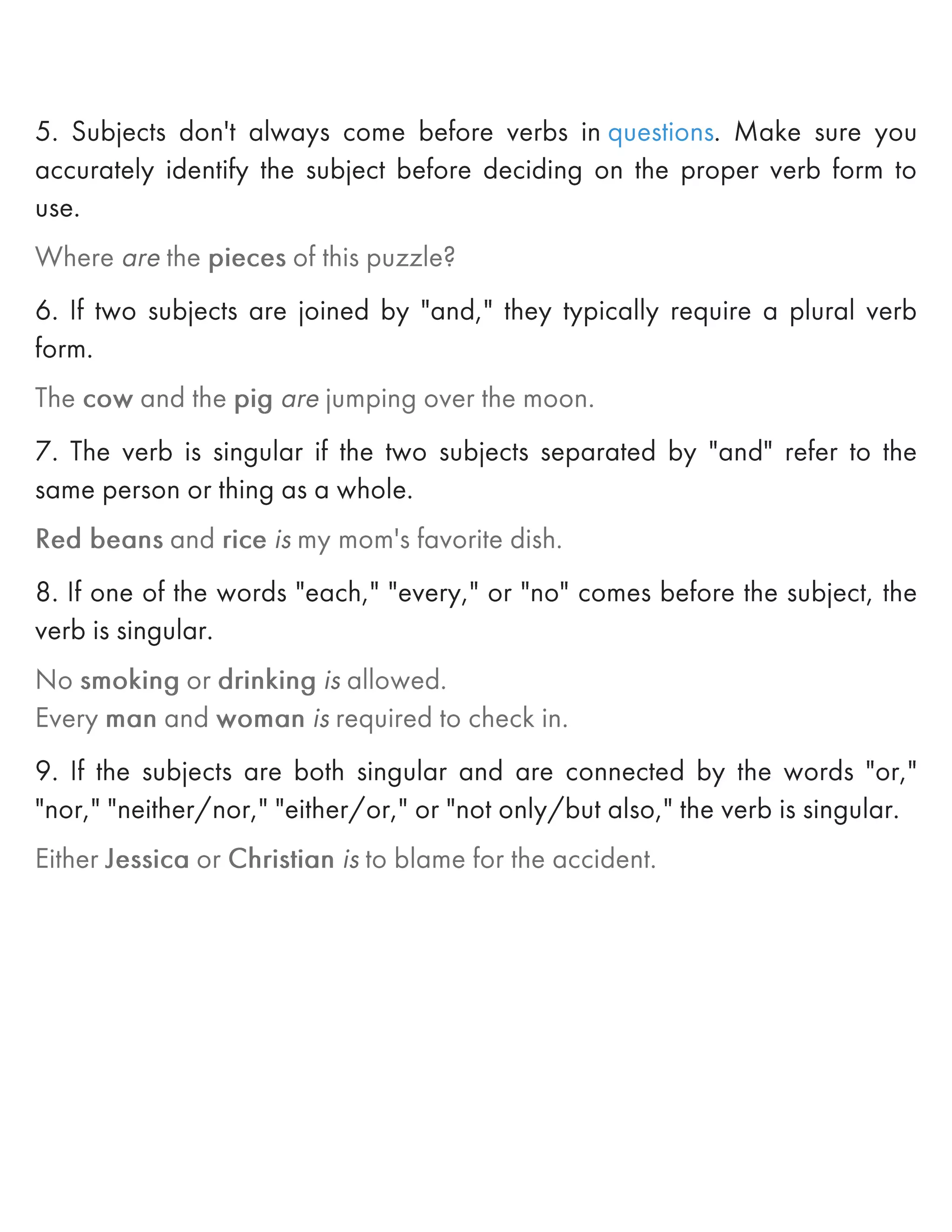 What are the rules of subject verb agreement?