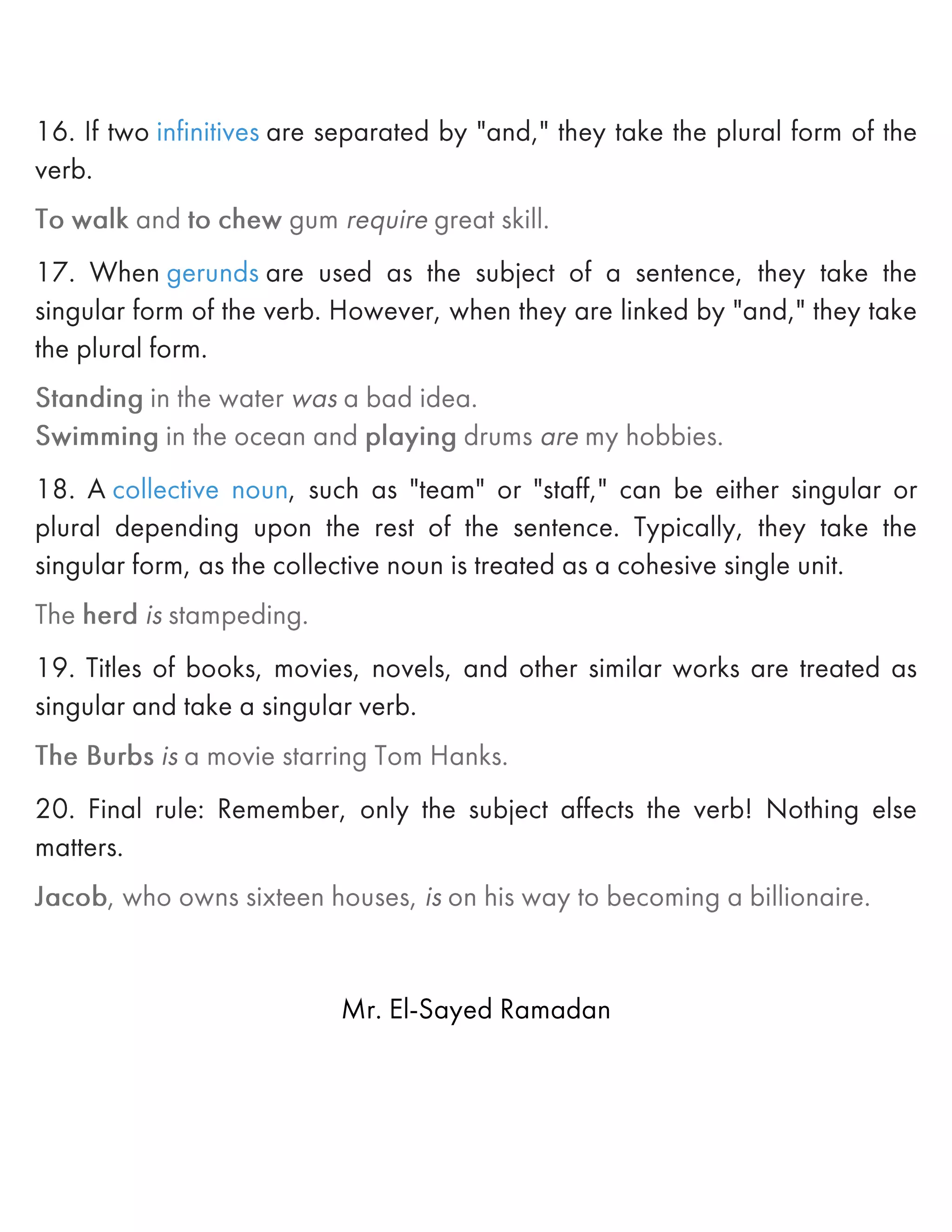 What are the rules of subject verb agreement?