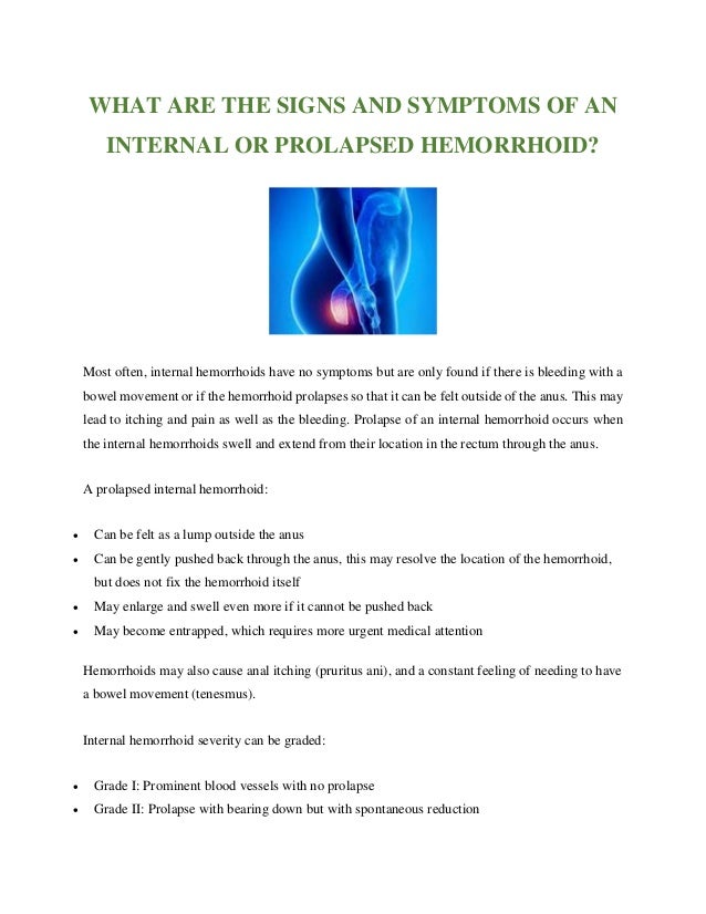 What are the signs and symptoms of an internal or prolapsed hemorrhoid
