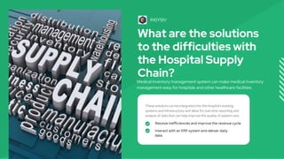 INSYSIV
What are the solutions
to the difficulties with
the Hospital Supply
Chain?
Medical inventory management system can make medical inventory
management easy for hospitals and other healthcare facilities.
Resolve inefficiencies and improve the revenue cycle.
Interact with an ERP system and deliver daily
data.
 