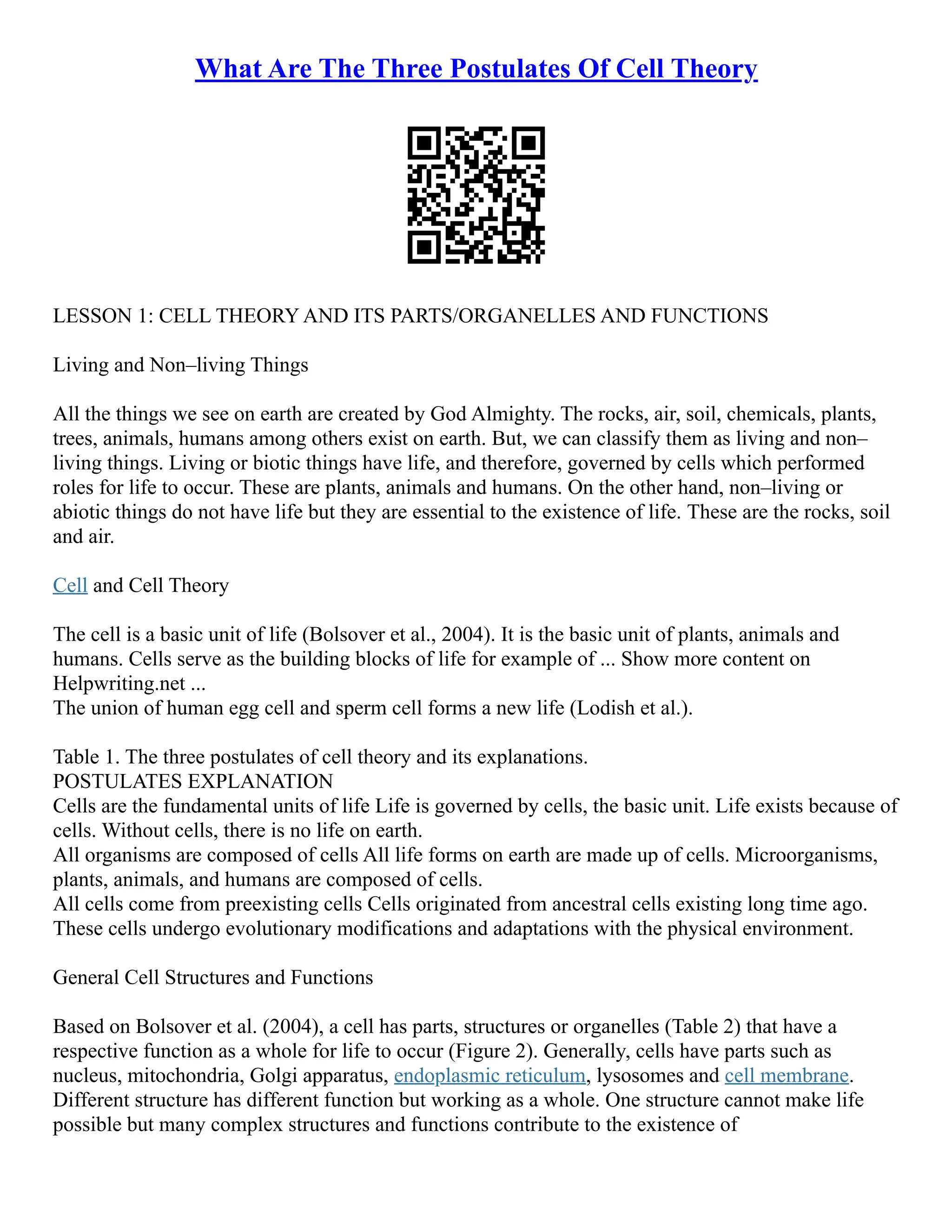 What Are The Three Postulates Of Cell Theory | PDF