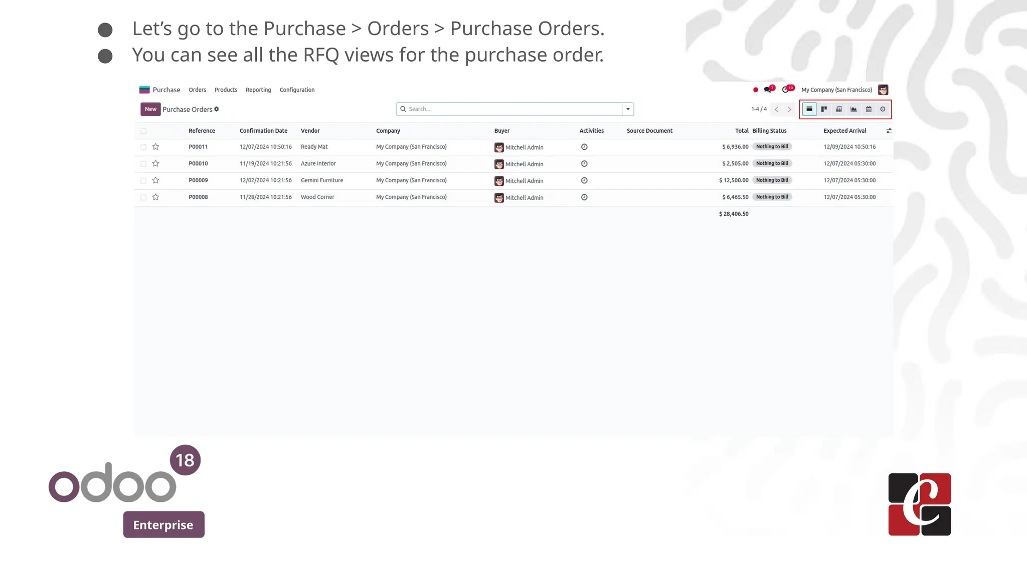 Enterprise
● Let’s go to the Purchase > Orders > Purchase Orders.
● You can see all the RFQ views for the purchase order.
 