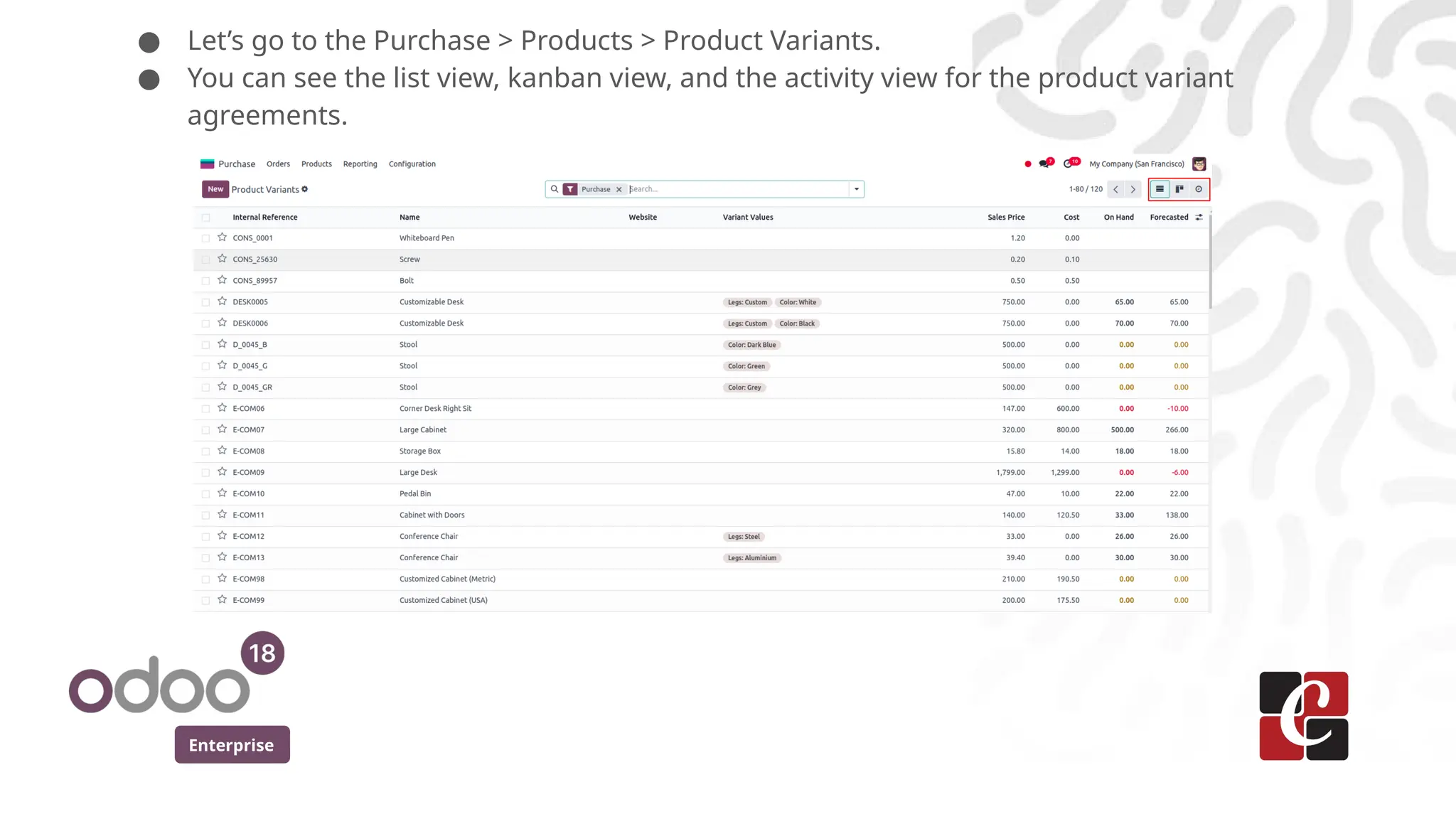 Enterprise
● Let’s go to the Purchase > Products > Product Variants.
● You can see the list view, kanban view, and the activity view for the product variant
agreements.
 