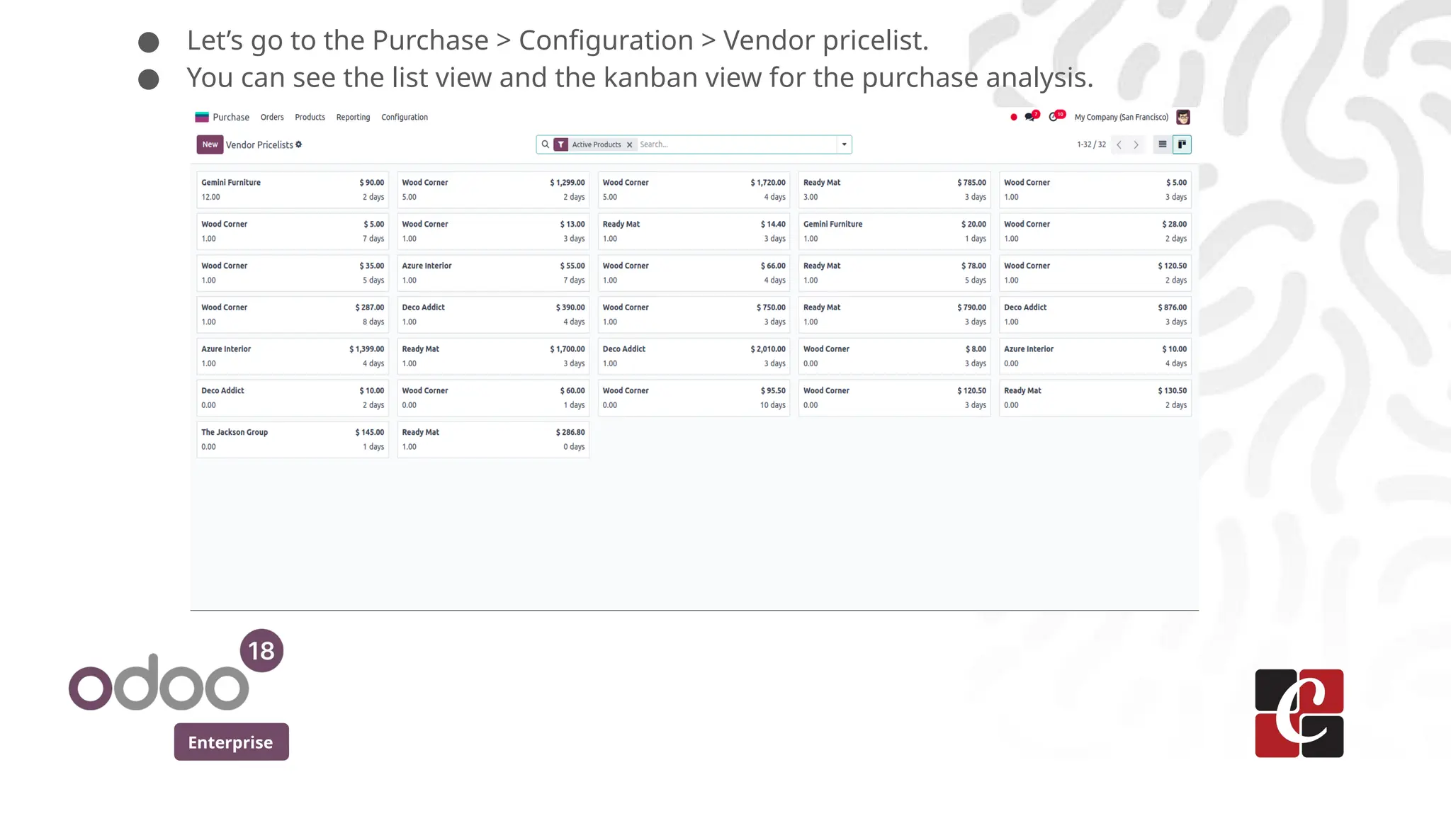 Enterprise
● Let’s go to the Purchase > Configuration > Vendor pricelist.
● You can see the list view and the kanban view for the purchase analysis.
 