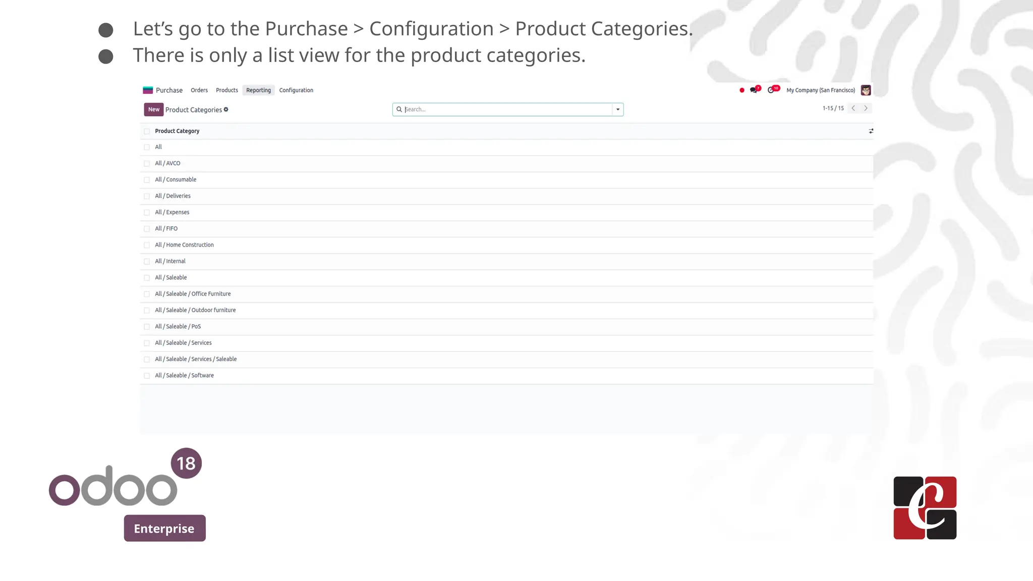 Enterprise
● Let’s go to the Purchase > Configuration > Product Categories.
● There is only a list view for the product categories.
 