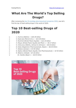 Huateng Pharma https://en.huatengsci.com
What Are The World's Top Selling
Drugs?
After reviewing the top 10 oncology pharmaceutical companies 2020, now let's
find the top 10 best-selling drugs in the world of 2020.
Top 10 Best-selling Drugs of
2020
 1. Humira (AbbVie) — $20.39 billion
 2. Keytruda (Merck & Co.) — $14.38 billion
 3. Revlimid (Bristol Myers Squibb) — $12.15 billion
 4. Eliquis (Bristol Myers Squibb and Pfizer ) — $9.17 billion
 5. Imbruvica (AbbVie, Johnson & Johnson) — $8.43 billion
 6. Eylea (Regeneron Pharmaceuticals, Bayer) — $8.36 billion
 7. Stelara (Janssen )—$7.94 billion
 8. Opdivo (Bristol Myers Squibb, Ono Pharmaceutical) — $7.92 billion
 9. Biktarvy (Gilead) —$7.26 billion
 ​ 10. Xarelto (Bayer ) — $6.93 billion
​
 