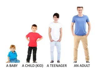 A BABY A CHILD (KID) A TEENAGER AN ADULT
 