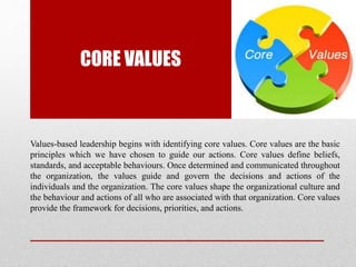 CORE VALUES
Values-based leadership begins with identifying core values. Core values are the basic
principles which we have chosen to guide our actions. Core values define beliefs,
standards, and acceptable behaviours. Once determined and communicated throughout
the organization, the values guide and govern the decisions and actions of the
individuals and the organization. The core values shape the organizational culture and
the behaviour and actions of all who are associated with that organization. Core values
provide the framework for decisions, priorities, and actions.
 