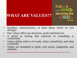 WHAT ARE VALUES????
• Qualities, characteristics, or ideas about which we feel
strongly.
• Our values affect our decisions, goals and behavior.
• A belief or feeling that someone or something is
worthwhile.
• Values define what is of worth, what is beneficial, and what
is harmful
• Values are standards to guide your action, judgments, and
attitudes.
 