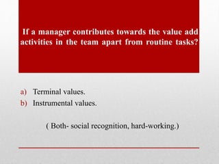If a manager contributes towards the value add
activities in the team apart from routine tasks?
a) Terminal values.
b) Instrumental values.
( Both- social recognition, hard-working.)
 