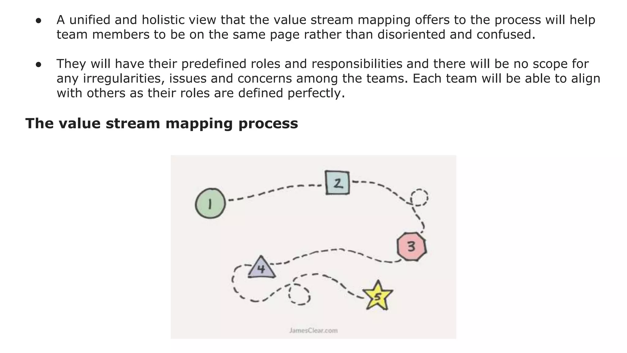 ● A unified and holistic view that the value stream mapping offers to the process will help
team members to be on the same page rather than disoriented and confused.
● They will have their predefined roles and responsibilities and there will be no scope for
any irregularities, issues and concerns among the teams. Each team will be able to align
with others as their roles are defined perfectly.
The value stream mapping process
 