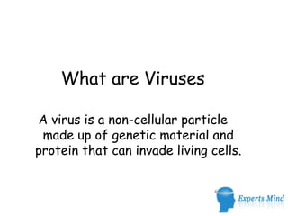 What are Viruses

A virus is a non-cellular particle
 made up of genetic material and
protein that can invade living cells.
 
