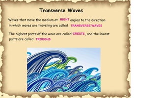 Waves that move the medium at angles to the direction in which waves are traveling are called . Transverse Waves The highest parts of the wave are called , and the lowest parts are called . RIGHT TRANSVERSE WAVES CRESTS TROUGHS 