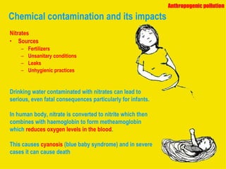 Nitrates Sources Fertilizers Unsanitary conditions Leaks Unhygienic practices Chemical contamination and its impacts Drinking water contaminated with nitrates can lead to serious, even fatal consequences particularly for infants. In human body, nitrate is converted to nitrite which then combines with   haemoglobin   to form metheamoglobin which  reduces oxygen levels in the blood .  This causes   cyanosis   (blue baby syndrome) and in severe cases it can cause death Anthropogenic pollution 