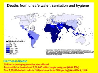 Diarrhoeal disease  Children in developing countries most affected Responsible for the deaths of  7,00,000  million people every year (WHO, 2004)  Over 7,00,000 deaths in India in 1999 (works out to abt 1600 per day) (World Bank, 1999) 