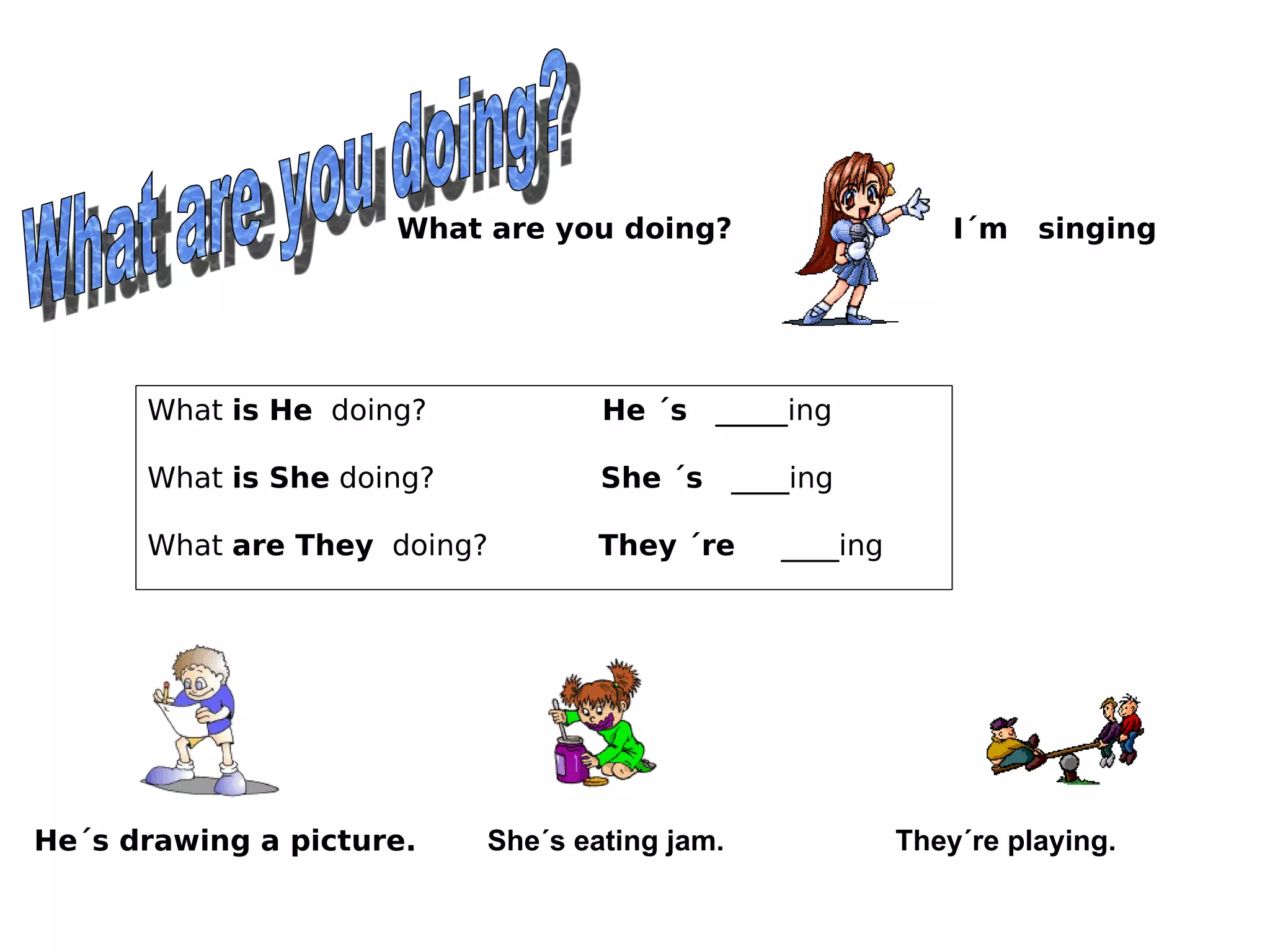 What are you doing? What are you doing? I´m singing What is He doing? He ´s _____ing What is She doing? She ´s ____ing What are They doing? They ´re ____ing He´s drawing a picture. She´s eating jam. They´re playing.