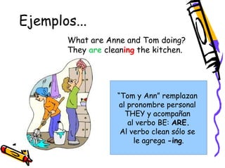 Ejemplos... 
What are Anne and Tom doing? 
They are cleaning the kitchen. 
“Tom y Ann” remplazan 
al pronombre personal 
THEY y acompañan 
al verbo BE: ARE. 
Al verbo clean sólo se 
le agrega -ing. 
 