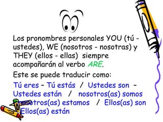 Los pronombres personales YOU (tú - 
ustedes), WE (nosotros - nosotras) y 
THEY (ellos - ellas) siempre 
acompañarán al verbo ARE. 
Este se puede traducir como: 
Tú eres – Tú estás / Ustedes son – 
Ustedes están / nosotros(as) somos 
- nosotros(as) estamos / Ellos(as) son 
– Ellos(as) están 
 