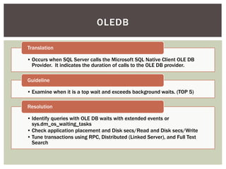 OLEDB

Translation

• Occurs when SQL Server calls the Microsoft SQL Native Client OLE DB
  Provider. It indicates the duration of calls to the OLE DB provider.

Guideline

• Examine when it is a top wait and exceeds background waits. (TOP 5)

Resolution

• Identify queries with OLE DB waits with extended events or
  sys.dm_os_waiting_tasks
• Check application placement and Disk secs/Read and Disk secs/Write
• Tune transactions using RPC, Distributed (Linked Server), and Full Text
  Search
 