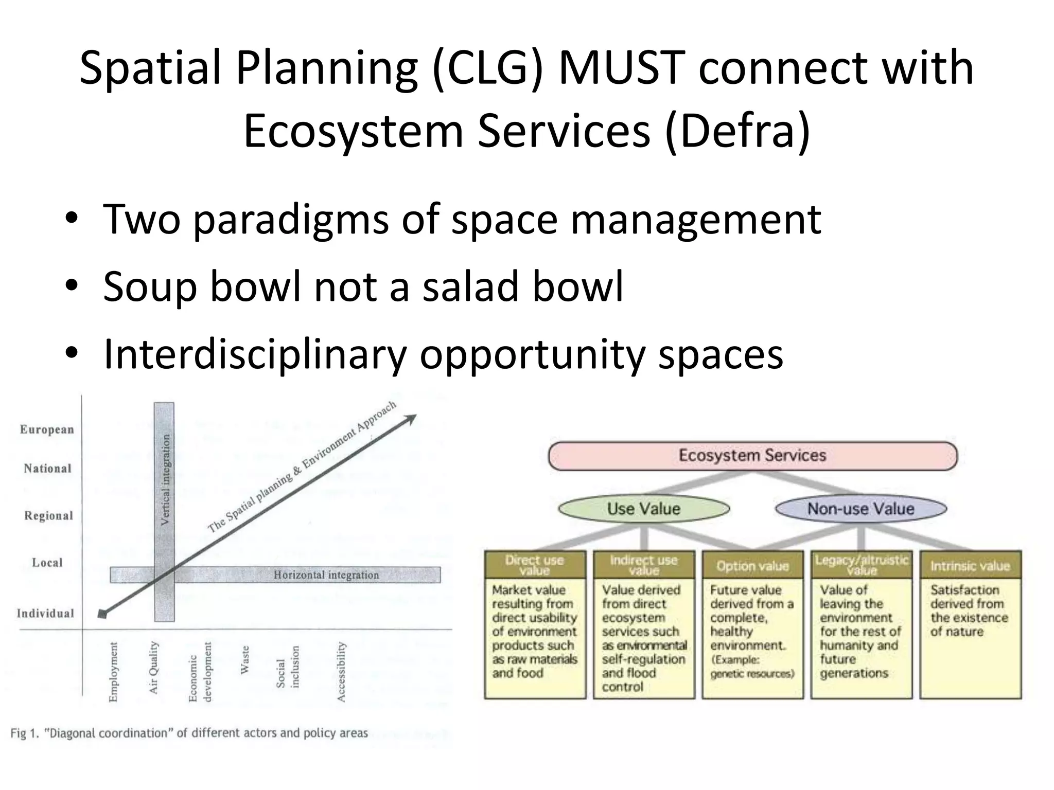 Spatial Planning (CLG) MUST connect with   Ecosystem Services (Defra)Two paradigms of space managementSoup bowl not a salad bowl Interdisciplinary opportunity spaces   