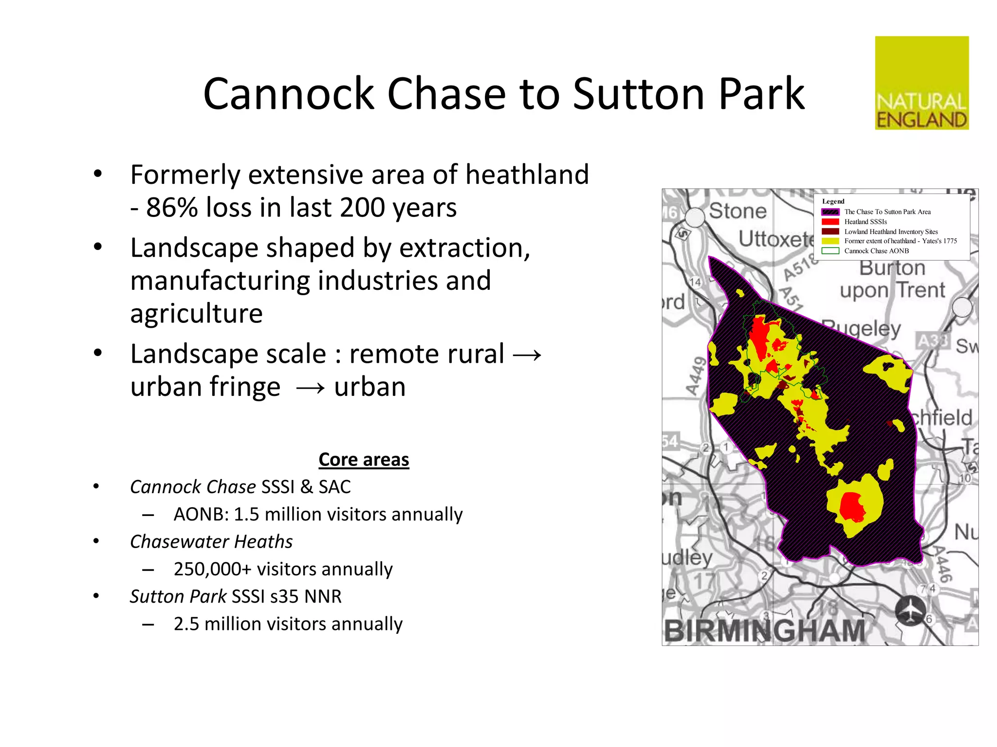  Cannock Chase to Sutton ParkFormerly extensive area of heathland - 86% loss in last 200 yearsLandscape shaped by extraction, manufacturing industries and agriculture Landscape scale : remote rural -> urban fringe -> urbanCore areasCannock Chase SSSI & SACAONB: 1.5 million visitors annuallyChasewater Heaths250,000+ visitors annuallySutton Park SSSI s35 NNR2.5 million visitors annually