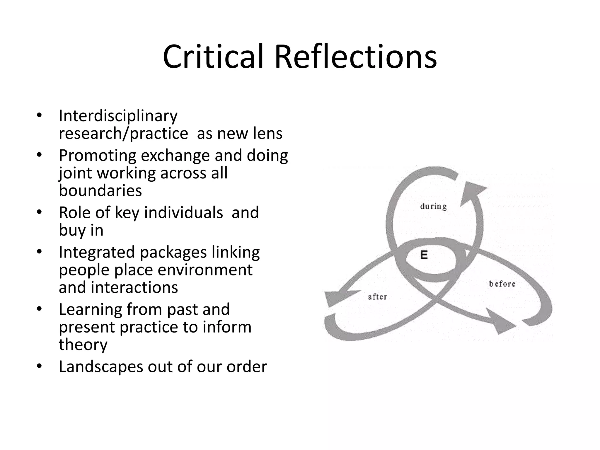 Critical Reflections Interdisciplinary research/practice  as new lensPromoting exchange and doing joint working across all boundariesRole of key individuals  and buy in Integrated packages linking people place environment  and interactions Learning from past and present practice to inform  theory Landscapes out of our order  