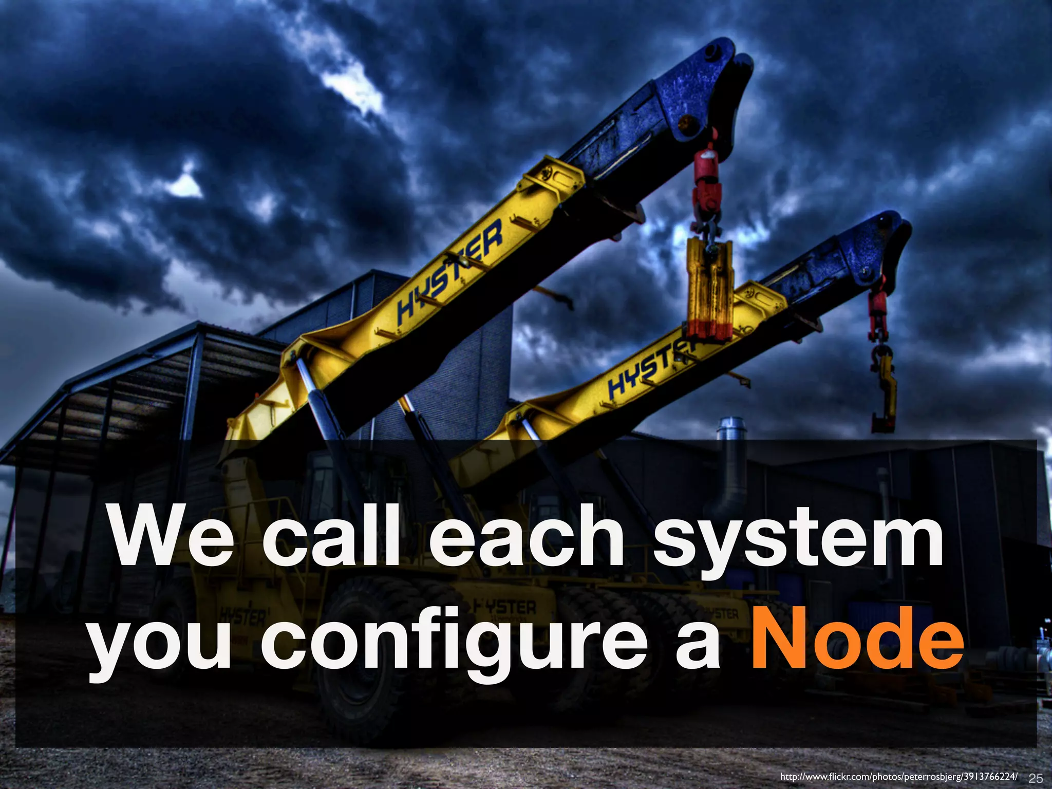 We call each system
you configure a Node
       Copyright © 2011 Opscode, Inc - All Rights Reserved   http://www.ﬂickr.com/photos/peterrosbjerg/3913766224/   25
 